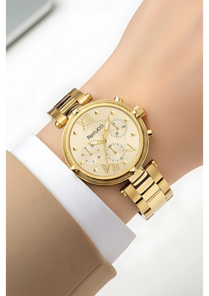 Kadın Kol Saati Çelik Kordon Çelik Kasa Taşlı Bileklik Hediyesi ile Gold ZMFER045