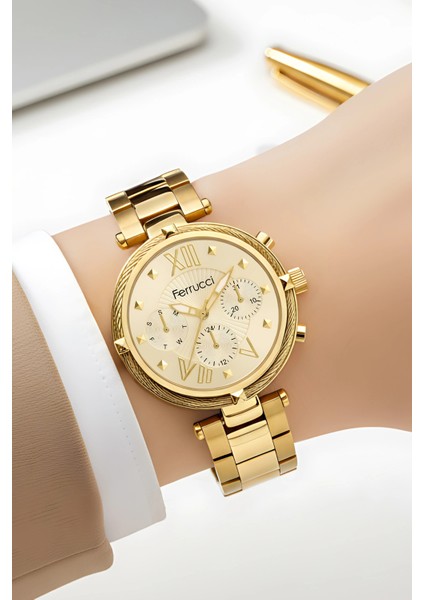 Kadın Kol Saati Çelik Kordon Çelik Kasa Taşlı Bileklik Hediyesi ile Gold ZMFER045