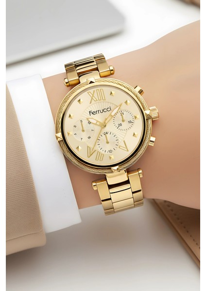 Kadın Kol Saati Çelik Kordon Çelik Kasa Taşlı Bileklik Hediyesi ile Gold ZMFER045
