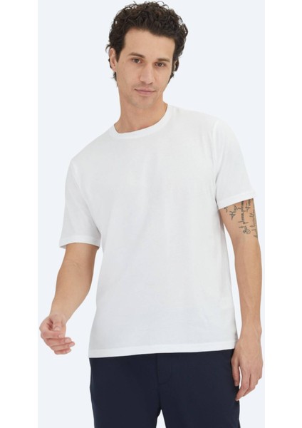Beyaz Düz Bisiklet Yaka %100 Pamuk T-Shirt