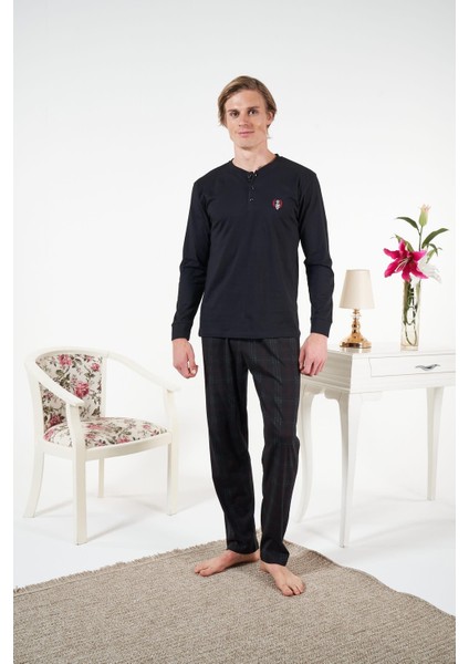 Erkek Siyah Altı Ekose Penye Pijama Takımı - 25414R