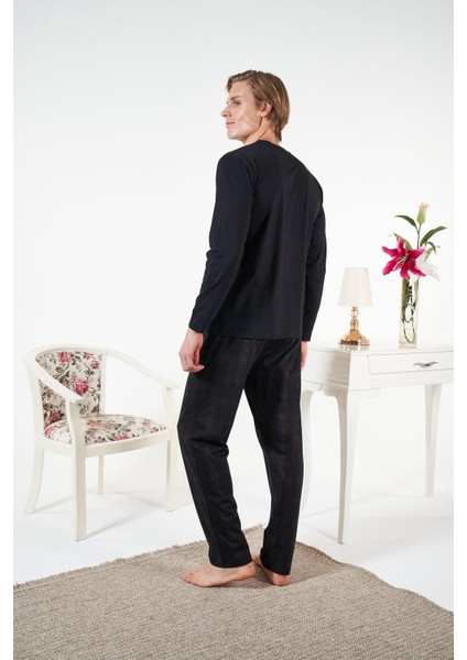 Erkek Siyah Altı Ekose Penye Pijama Takımı - 25414R fiyatları