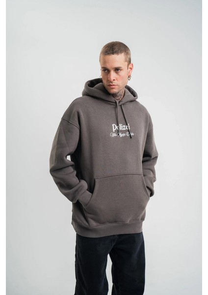 Üç Iplik Kapşonlu Dijital Patchli Sweatshirt - Füme