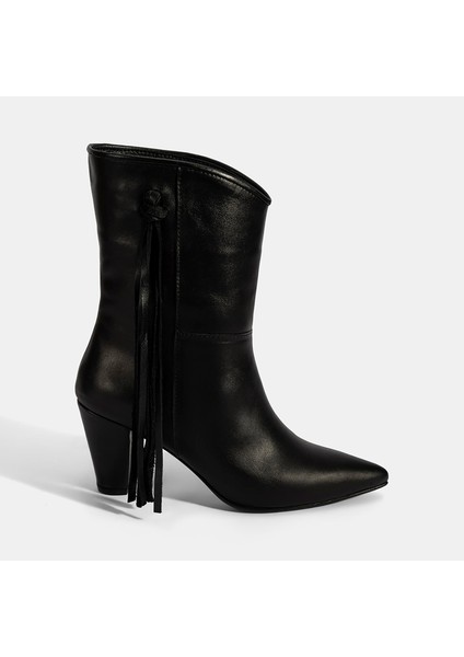 Kadın Siyah Püskül Detaylı Topuklu Deri Bot fiyatları