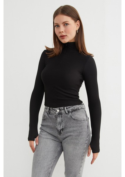 Fitilli Fermuarlı Dik Yaka Bluz