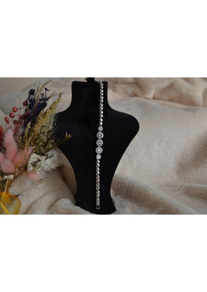 Çelik Zirkon Taşlı Kalın Bileklik