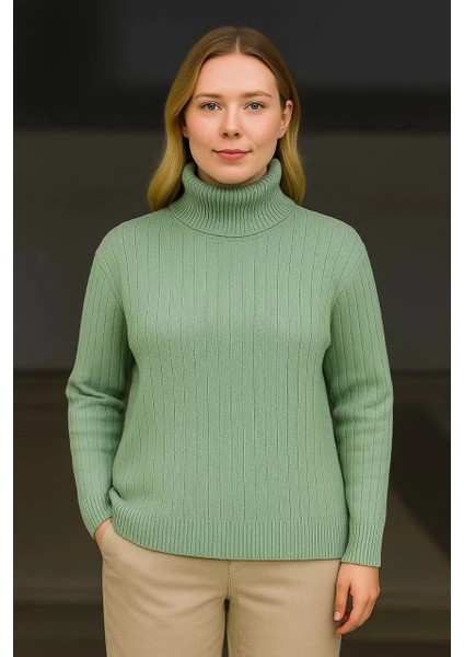 Kadın Balıkcı Yaka Bağazlı Triko Kazak Pamuklu Kalın Fitilli Dokuma - Mint Yeşili modelleri