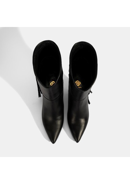Kadın Siyah Püskül Detaylı Topuklu Deri Bot