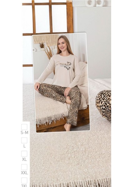 Kadın Uzun Kol Bisiklet Yaka Leopar Desen Pamuklu Pijama Takımı fiyatları