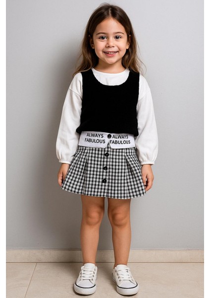 Kız Çocuk Siyah Süveterli Ekose Etekli Takım 3’lü Kombin