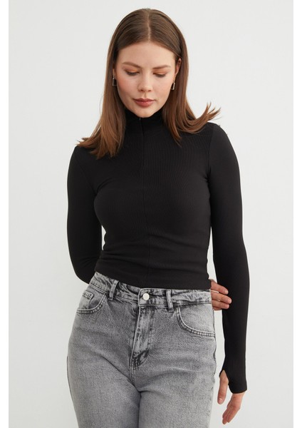 Fitilli Fermuarlı Dik Yaka Bluz