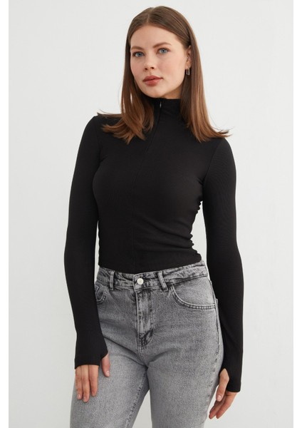 Fitilli Fermuarlı Dik Yaka Bluz