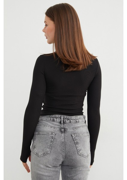 Fitilli Fermuarlı Dik Yaka Bluz