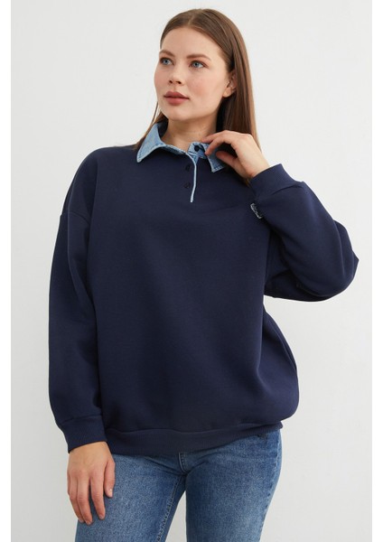 3 Iplik Kalp Nakışlı Polo Yaka Denim Detaylı Sweatshirt