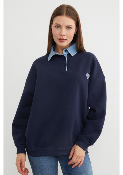 3 Iplik Kalp Nakışlı Polo Yaka Denim Detaylı Sweatshirt fiyatları