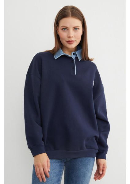 3 Iplik Kalp Nakışlı Polo Yaka Denim Detaylı Sweatshirt modelleri