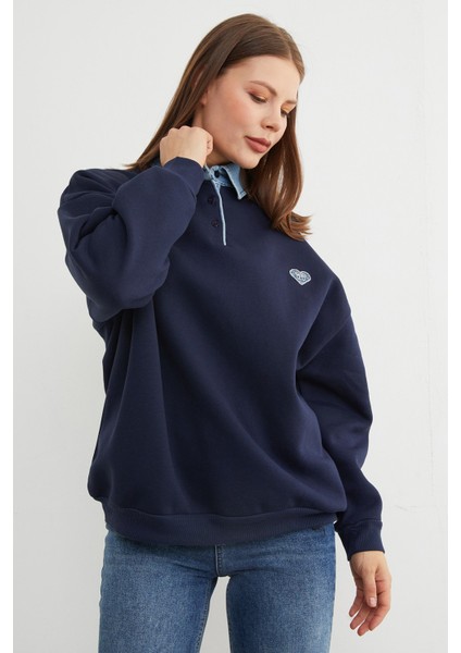 3 Iplik Kalp Nakışlı Polo Yaka Denim Detaylı Sweatshirt indirimleri