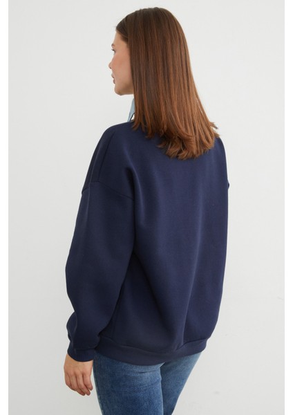 3 Iplik Kalp Nakışlı Polo Yaka Denim Detaylı Sweatshirt