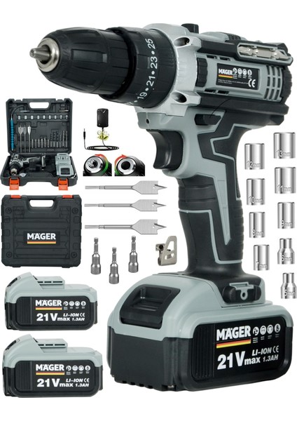 LED Işıklı 5 Pilli Darbeli Çift Akülü 30 Parça Set Hediyeli Çantalı Akülü Vidalama Şarjlı Matkap