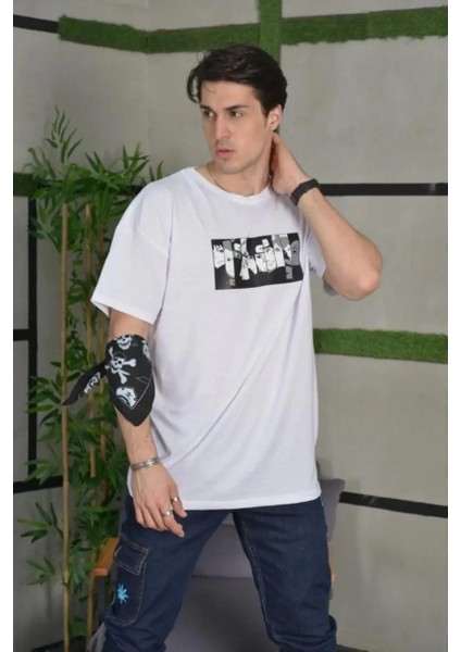 Unisex Bisiklet Yaka Baskılı Oversize T-Shirt - Beyaz fiyatları