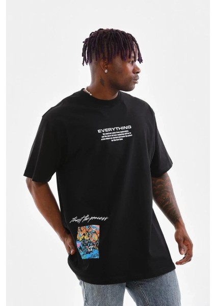 Unisex Bisiklet Yaka Baskılı Oversize T-Shirt - Siyah