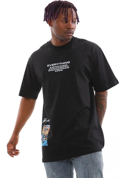 Unisex Bisiklet Yaka Baskılı Oversize T-Shirt - Siyah fiyatları