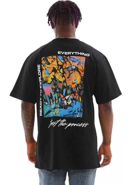 Unisex Bisiklet Yaka Baskılı Oversize T-Shirt - Siyah