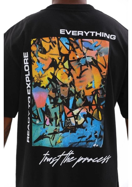 Unisex Bisiklet Yaka Baskılı Oversize T-Shirt - Siyah