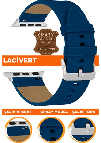 apple watch uyumlu seri 1/2/3/4/5/6/se/7/8/9 ultra/ultra2 42/44/45/49mm crazy deri saat kordonu kayışı l10hwc-lacıvert-sılver