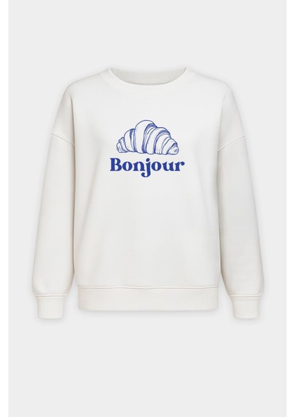 Kadın Kruvasan Baskılı Içi Şardonlu Oversize Sweatshirt