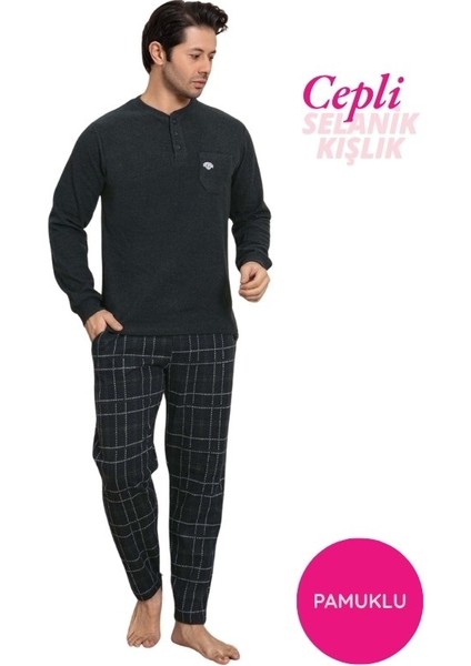 Erkek 3 Düğme Göğüs Cepli Kışlık Pamuklu Selanik Kumaş Uzun Manşetli Kol Cepli Pijama Takımı
