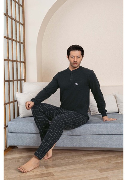 Erkek 3 Düğme Göğüs Cepli Kışlık Pamuklu Selanik Kumaş Uzun Manşetli Kol Cepli Pijama Takımı modelleri