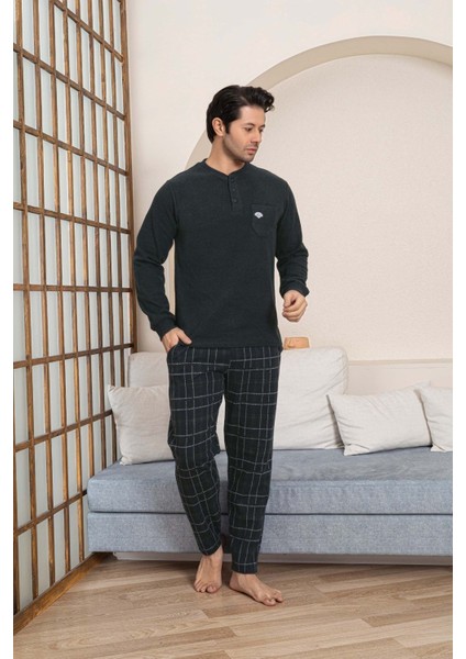 Erkek 3 Düğme Göğüs Cepli Kışlık Pamuklu Selanik Kumaş Uzun Manşetli Kol Cepli Pijama Takımı fırsatları