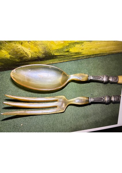 Fransız Servis Seti Çatal ve Kaşık Boynuzdan ve Gümüş Kaplama 28 cm Boylarında modelleri