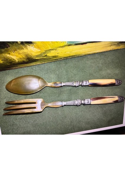 Fransız Servis Seti Çatal ve Kaşık Boynuzdan ve Gümüş Kaplama 28 cm Boylarında indirimleri