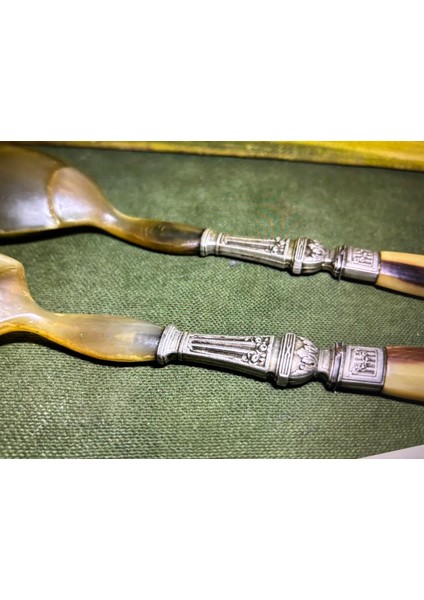 Fransız Servis Seti Çatal ve Kaşık Boynuzdan ve Gümüş Kaplama 28 cm Boylarında