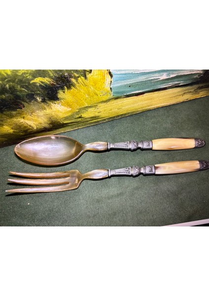 Fransız Servis Seti Çatal ve Kaşık Boynuzdan ve Gümüş Kaplama 28 cm Boylarında