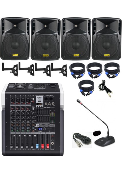 Okul ve Konferans Salonu Ses Sistemi | 8” Kabin Hoparlör 6 Kanal Bluetooth USB Amfili Mikser Seti