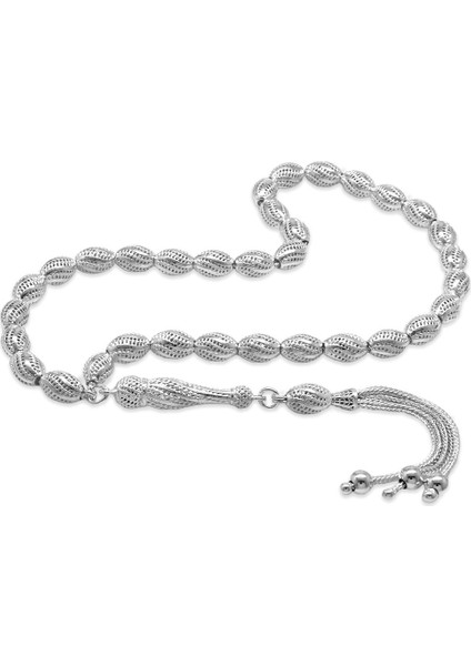 Üçlü Kamçı Püsküllü Çeşmi Bülbül Detaylı Telkari Tasarım Arpa Kesim Gümüş Renk 925 Ayar Gümüş Tesbih