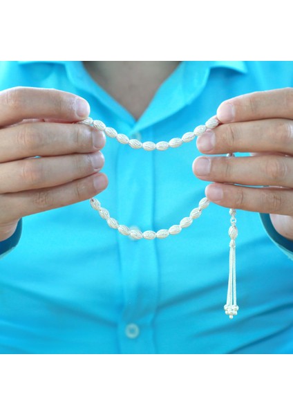 Üçlü Kamçı Püsküllü Çeşmi Bülbül Detaylı Telkari Tasarım Arpa Kesim Gümüş Renk 925 Ayar Gümüş Tesbih indirimleri