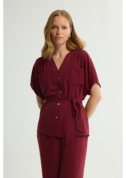 Bağlamalı V Yaka Gömlek Bordo 130L9402001