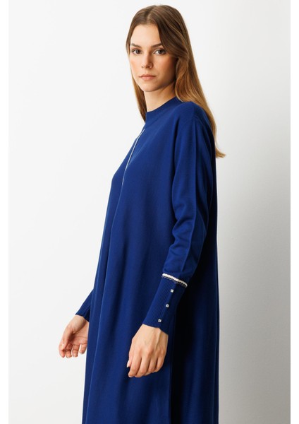 Önü Simli Şerit Detaylı Triko Elbise-Sax fiyatları