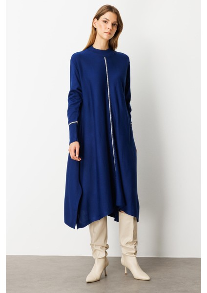 Önü Simli Şerit Detaylı Triko Elbise-Sax fırsatları