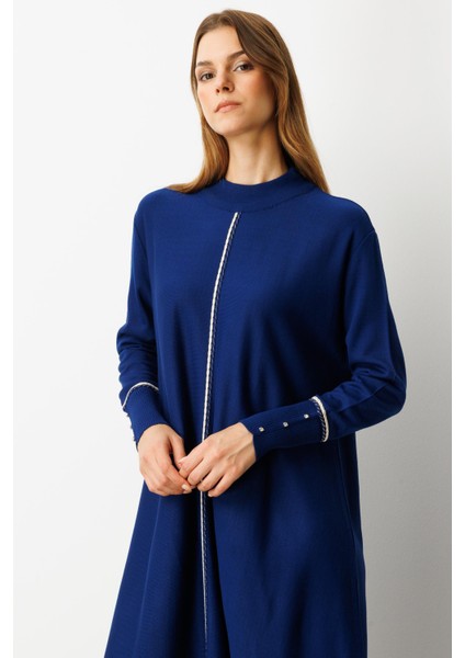 Önü Simli Şerit Detaylı Triko Elbise-Sax indirimleri