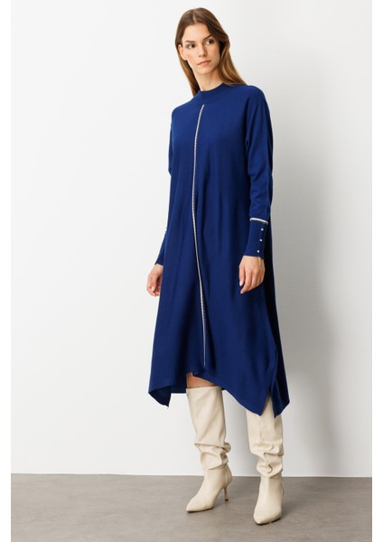 Önü Simli Şerit Detaylı Triko Elbise-Sax