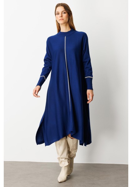 Önü Simli Şerit Detaylı Triko Elbise-Sax