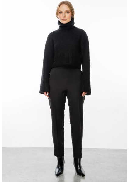 Düğme Detaylı Yüksek Bel Pantolon-Siyah indirimleri