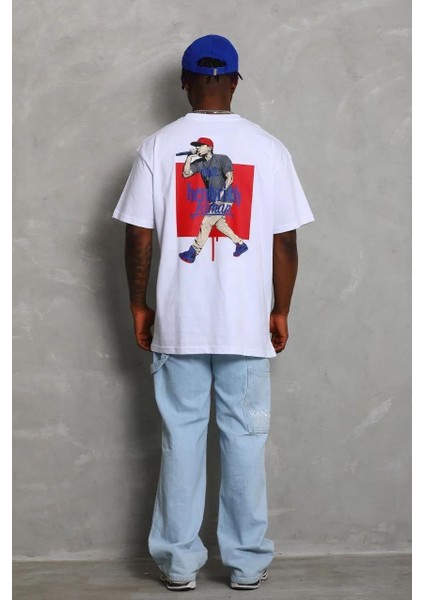 Unisex Oversize Baskılı Bisiklet Yaka T-Shirt - Beyaz