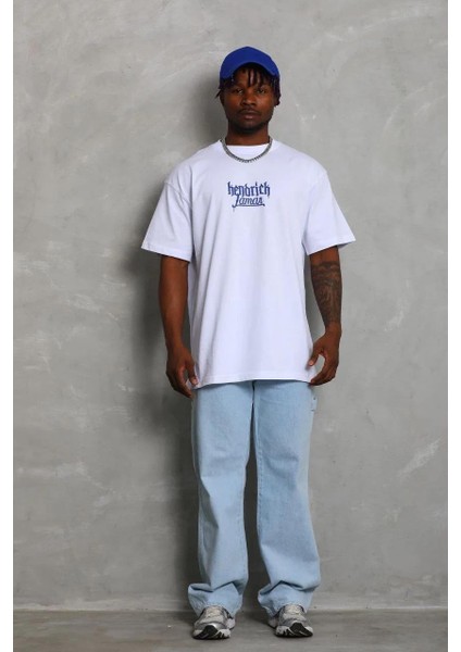 Unisex Oversize Baskılı Bisiklet Yaka T-Shirt - Beyaz fiyatları