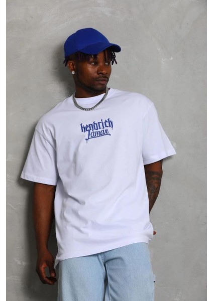 Unisex Oversize Baskılı Bisiklet Yaka T-Shirt - Beyaz modelleri